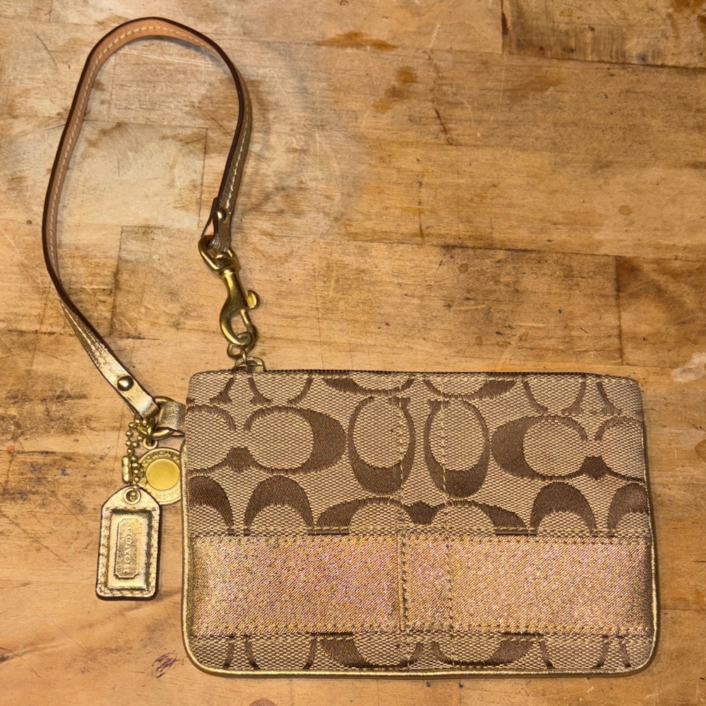 Coach Tan and Gold Wristlet Clutch